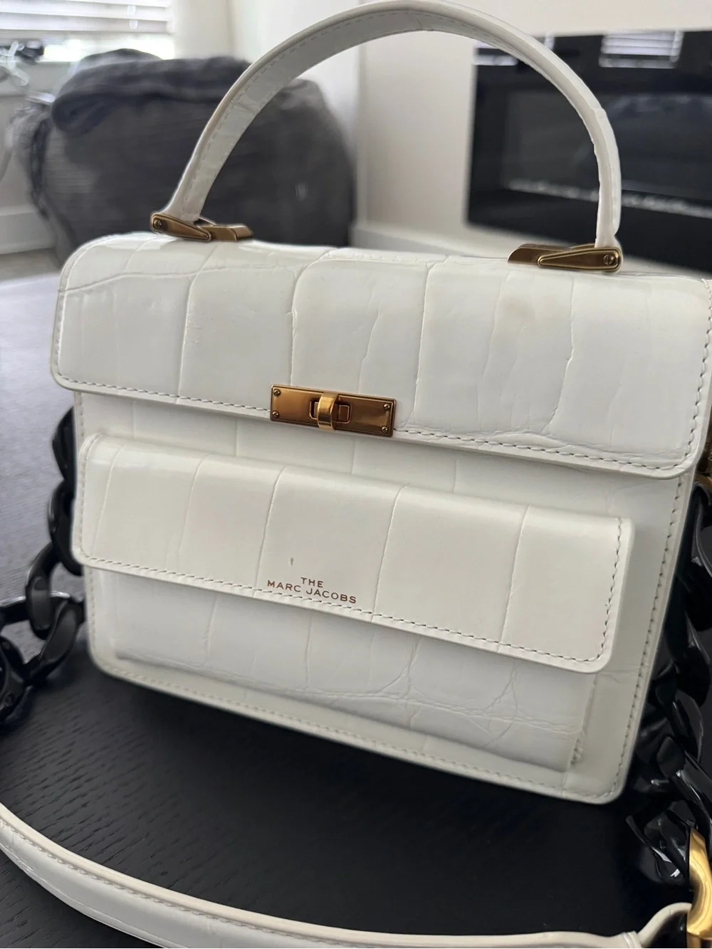 Marc Jacobs White Croc-Embossed Satchel with Black Chain Strap